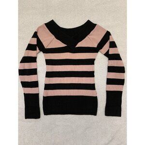 Pink Black Striped V-neck Y2K Pullover Fitted Sweater Small